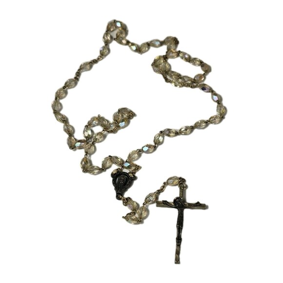 Jewelry - Vintage Crystal Glass Bead Catholic Rosary with Jesus Crucifix & Virgin Mary